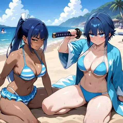 AI Video from prompt: The two girls stand up and cross japanese katana
