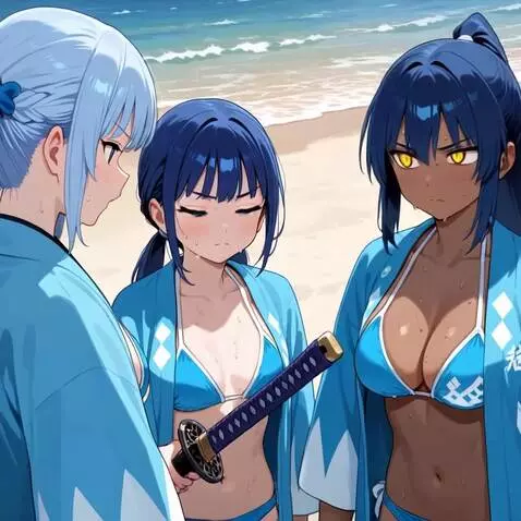 AI Video from prompt: The three girls cross japanese katana swords hel