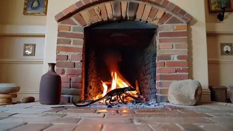 AI Video from prompt: A fireplace in a house. A small salamander (the 