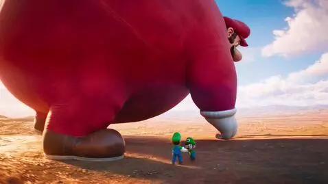 AI Video from prompt: 375ft Mega-Giant Mario sit down and grab grasp 5
