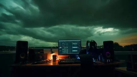 AI Video from prompt: dimly lit, cluttered music producer desk at nigh