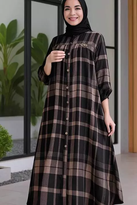 AI Video from prompt: A beautiful hijabi woman stands in a cozy, minim