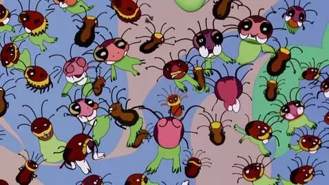 AI Video from prompt: "A microscopic, surreal animated scene of fleas 