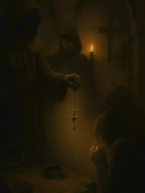 AI Video from prompt: A dramatic medieval scene: an inquisitor holds a