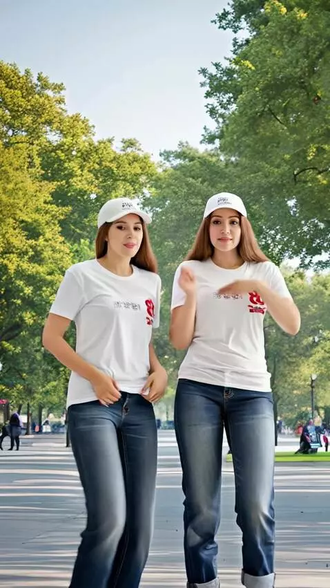 AI Video from prompt: Dua wanita muda Indonesia berdiri di jalan taman