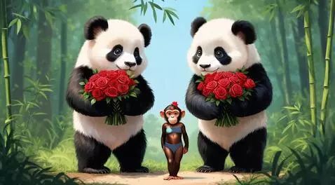AI Video from prompt: Doi simpatici ursuleți panda întind câtă un buch