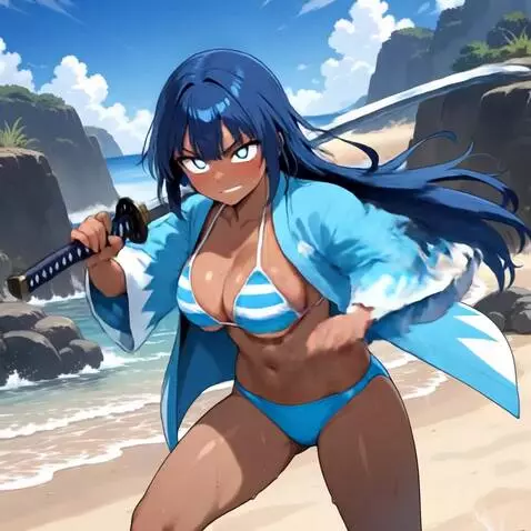 AI Video from prompt: She runs 5 steps and moves her japanese katana s
