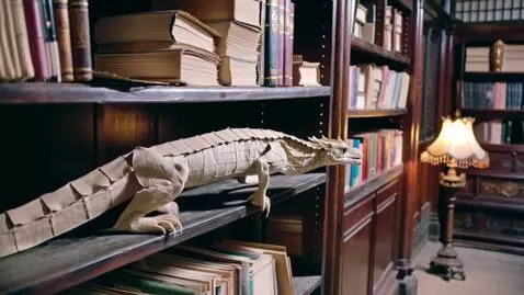 AI Video from prompt: An old library. A basilisk (a body made of paper