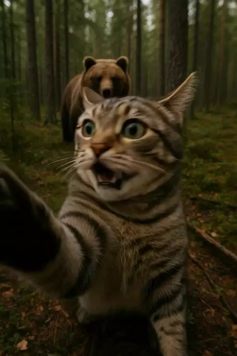 AI Video from prompt: A terrified tabby cat holding a small action cam
