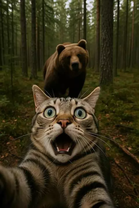 AI Video from prompt: A shocked tabby cat holds a selfie camera in a d