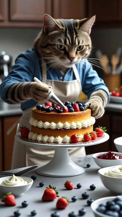 AI Video from prompt: The cake is baked and cooled on a stand, and Whi
