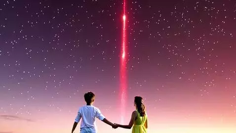 AI Video from prompt: a boy and a girl stand side by side holding hand