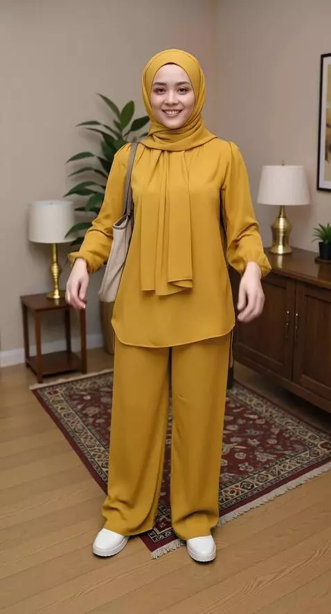 AI Video from prompt: model tersenyum dan memegang baju seperti model 