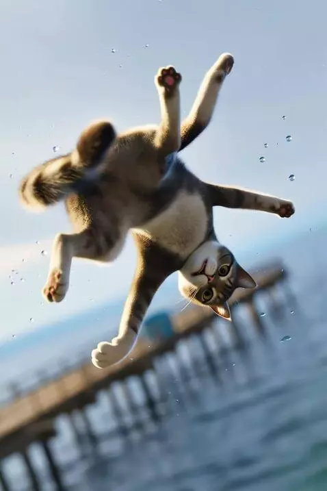 AI Video from prompt: Slow-motion vertical CGI scene (9:16). The cat i