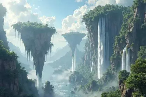 AI Video from prompt: dreamscape with floating island and beautiful wa