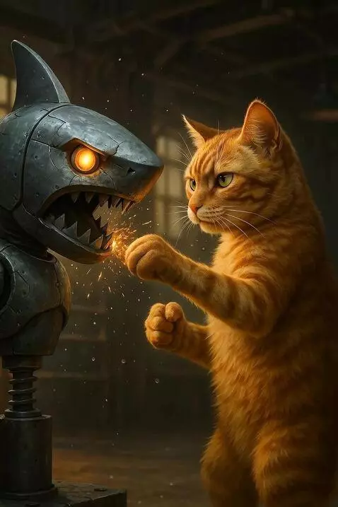 AI Video from prompt: Vertical CGI scene (9:16). The cat in a semi-mec