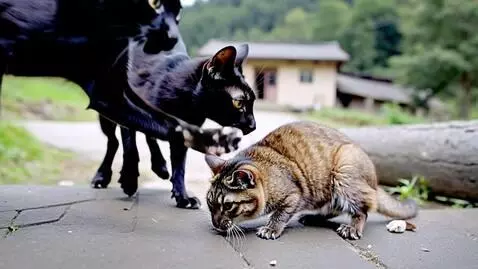 AI Video from prompt: Village house. Dynamic camera. A black cat jumps