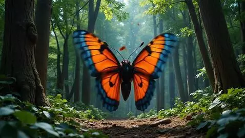 AI Video from prompt: giant humungous orange and blue moth falls and h