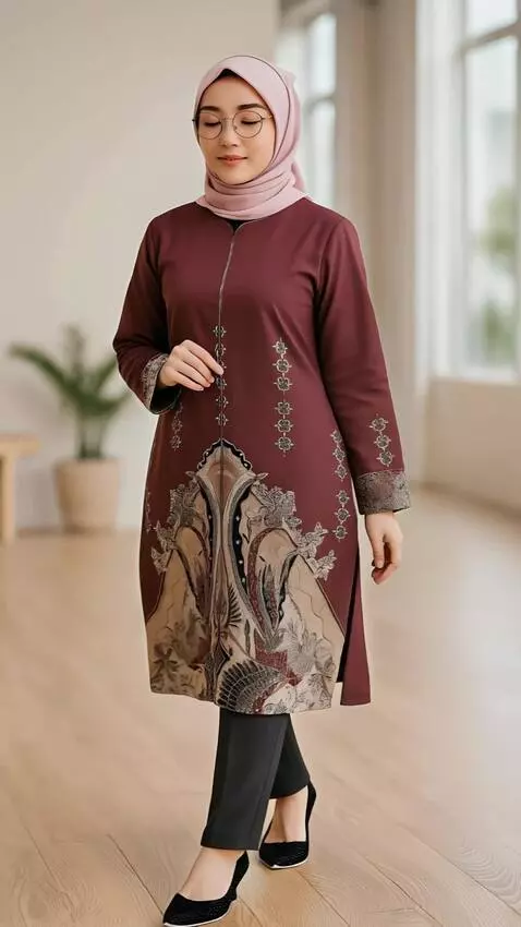 AI Video from prompt: A model clad in a luxurious burgundy tunic with 