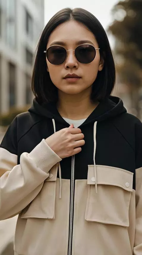 AI Video from prompt: Wanita Asia dengan hoodie hitam-krem berdiri san