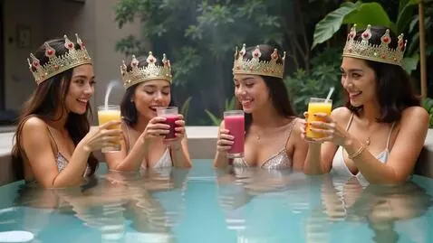 AI Video from prompt: White mens with girls in crowned swimsuits drink