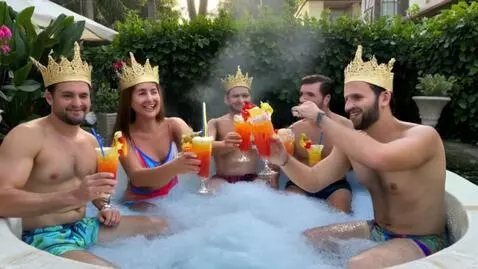 AI Video from prompt: Men in crowns and girls in swimsuits drink smoot