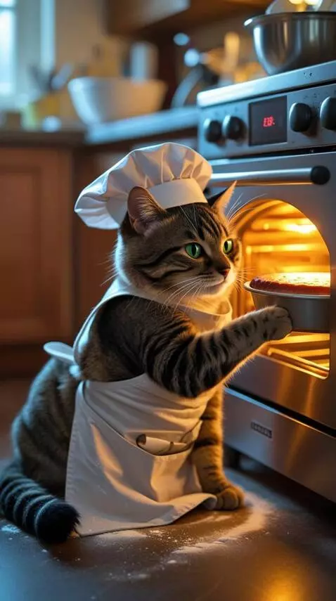 AI Video from prompt: Whiskers, still in a flour-dusted apron and tiny