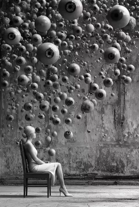 AI Video from prompt: A surreal black and white scene in a decaying, t
