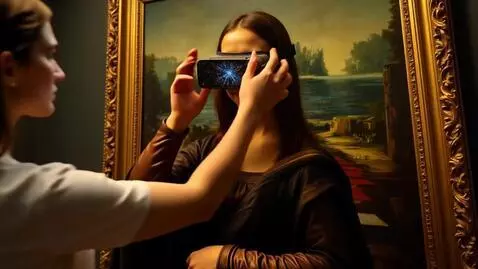 AI Video from prompt: You walk up to the Mona Lisa in an art gallery. 