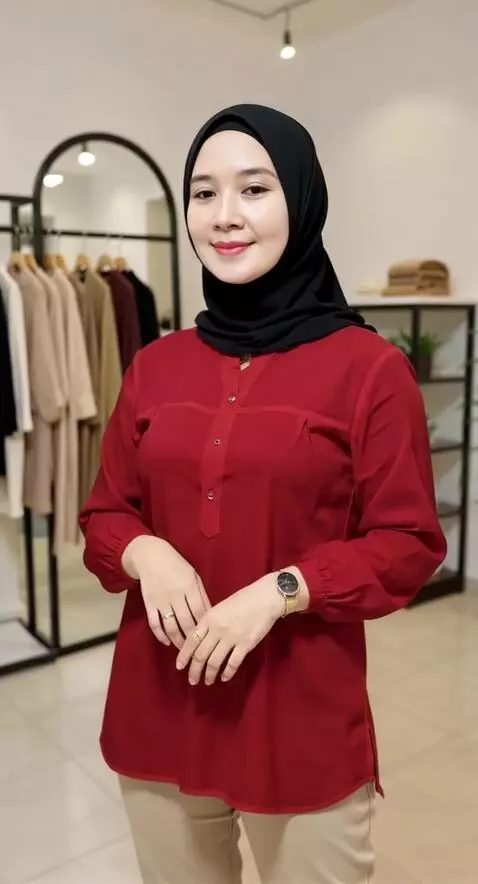 AI Video from prompt: A smiling hijab-wearing model poses in front of 