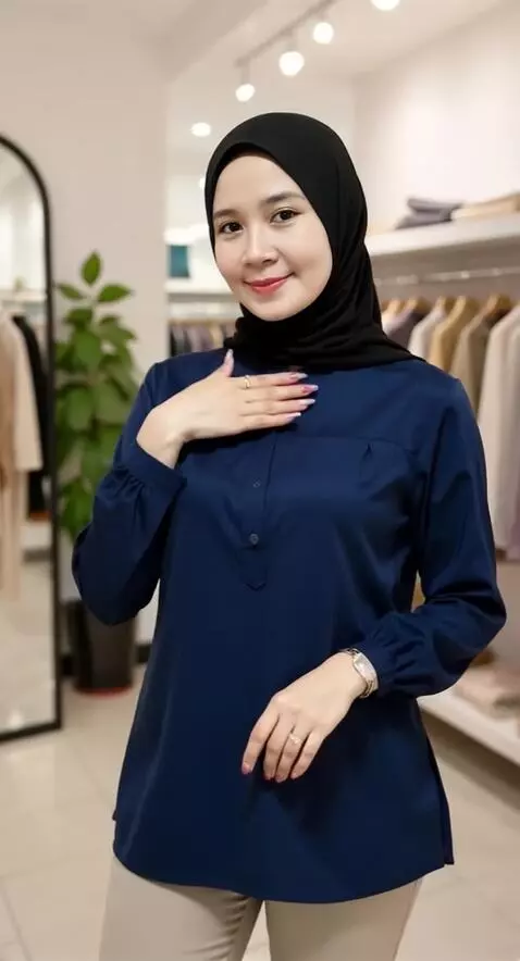 AI Video from prompt: A smiling hijab-wearing model poses in front of 