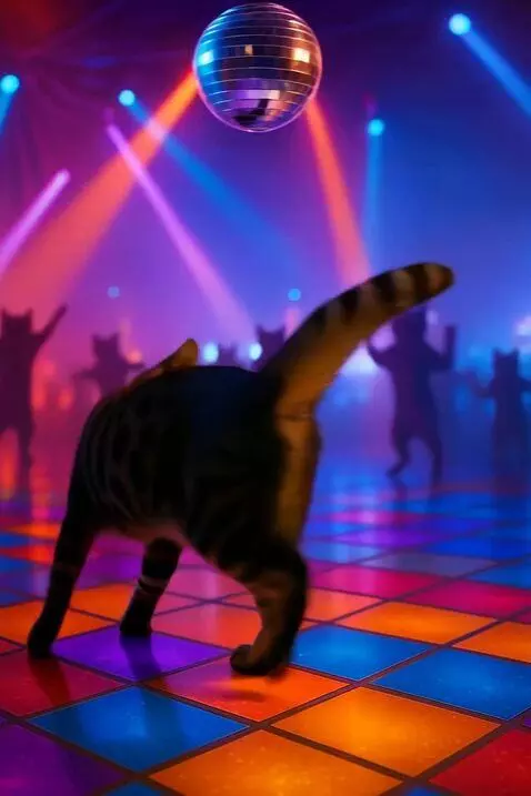 AI Video from prompt: A dark tabby cat wearing blue sunglasses struts 
