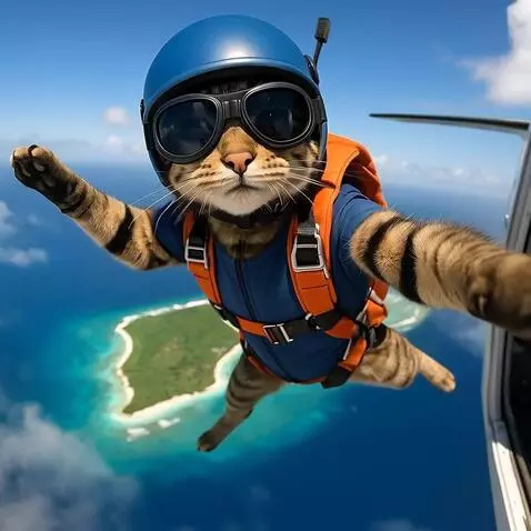 AI Video from prompt: A daring tabby cat skydives from a plane high ab