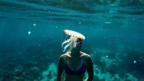 AI Video from prompt: a jellyfish transforming into a woman swimming u
