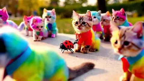 AI Video from prompt: Tiny cats with tye dye fuzzy fur in super cute d