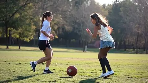 AI Video from prompt: Two young ladies jogging a football in a competi