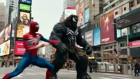 AI Video from prompt: Spider-Man & Bigfoot fight venom in Times Square