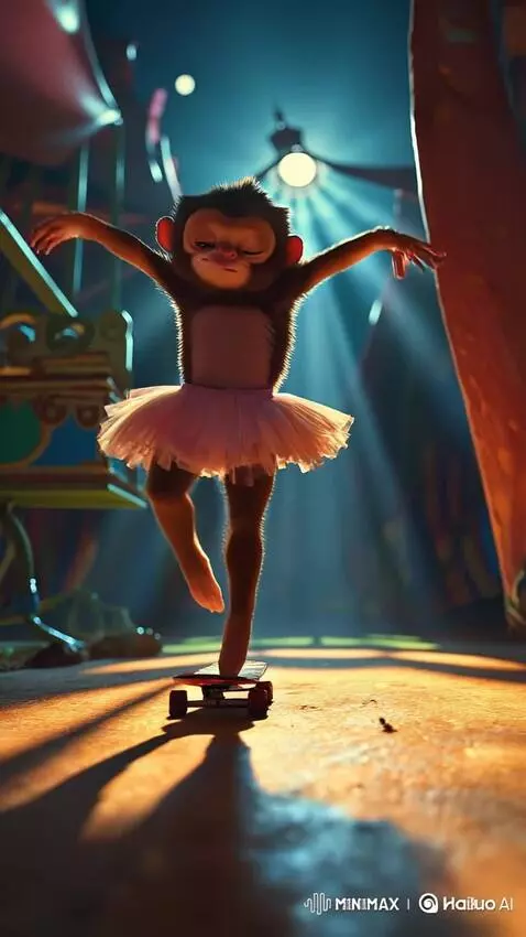 AI Video from prompt: She jumps onto a moving skateboard and begins pe