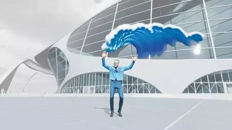 AI Video from prompt: Have the avatar wave and run into the expo build