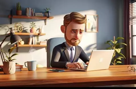 AI Video from prompt: 3d мультгерой  работает за ноутбуком, но внезапн