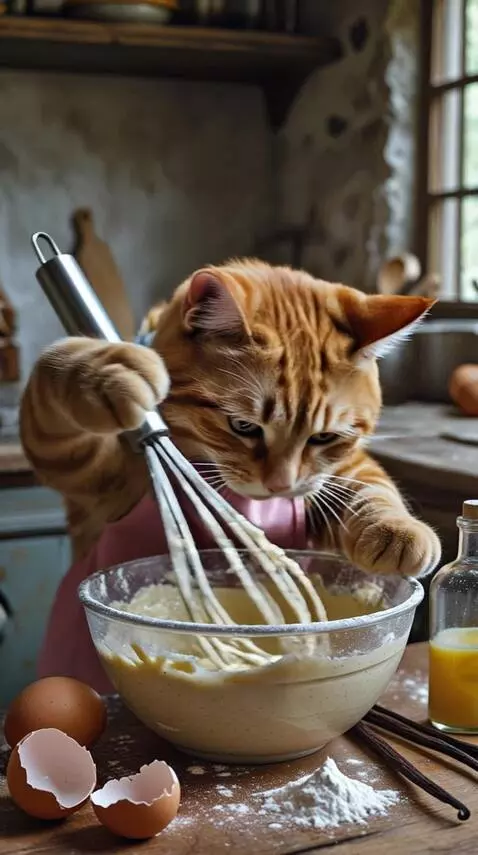 AI Video from prompt: In the same rustic kitchen, the orange tabby cat