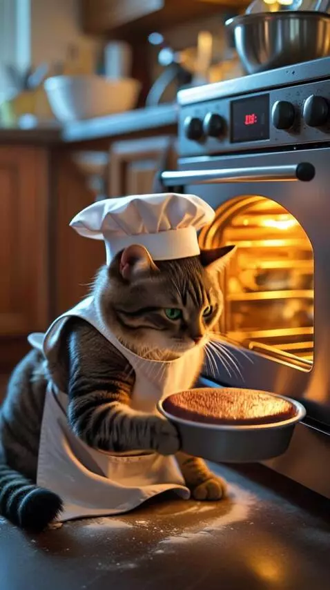 AI Video from prompt: In the same rustic kitchen, the orange tabby cat