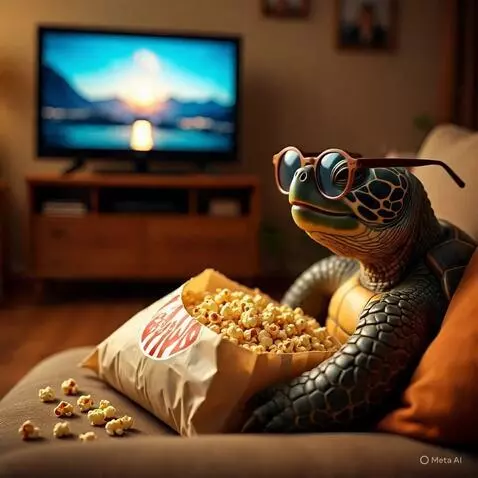 AI Video from prompt: Una tortuga mira la televisión mientras come poc