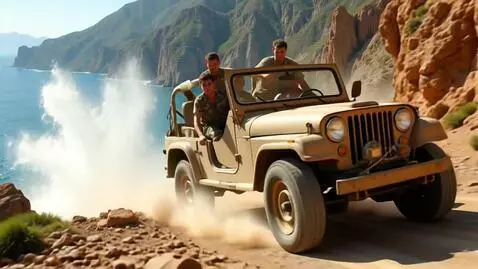 AI Video from prompt: A sand-colored open-top jeep with four men in mi