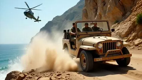 AI Video from prompt: A sand-colored open-top jeep with four men in mi