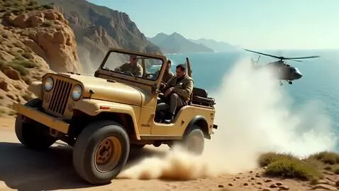 AI Video from prompt: A sand-colored open-top jeep with four men in mi