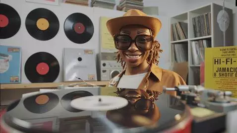 AI Video from prompt: confident smile, vinyl record spinning on turnta