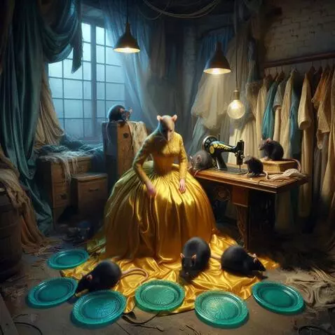 AI Video from prompt: the rats move the plates off the skirt. The woma