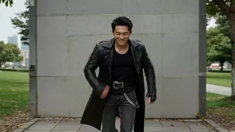 AI Video from prompt: Make him skipping in the park. straight towards 