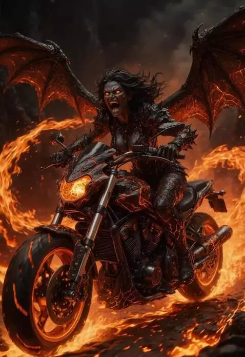 AI Video from prompt: She rides a motorcycle and laughs.
